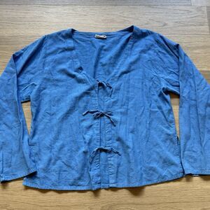 Eucalyptus Top Women Large Blue Tie Front Jacquard Long Sleeve Cotton Linen